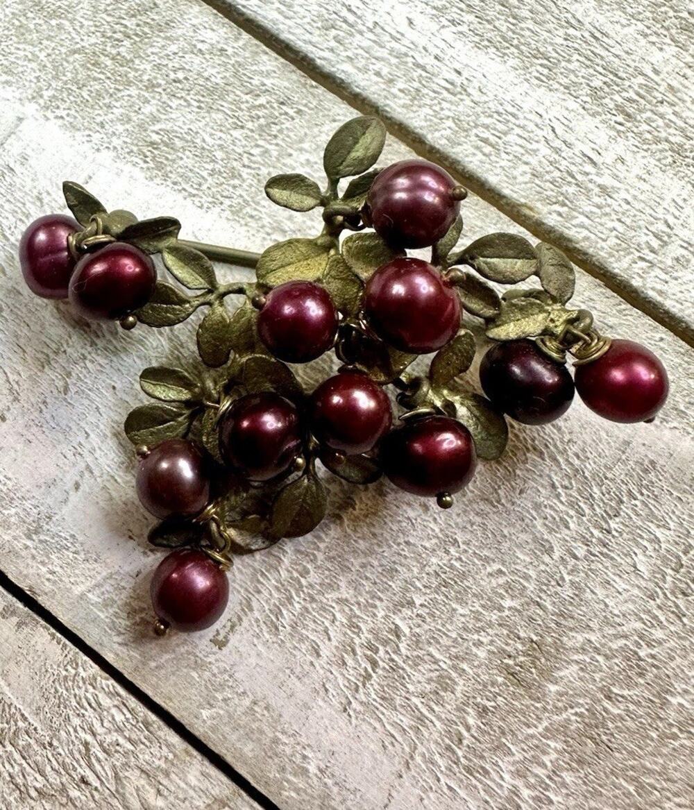 Michael Michaud Cultured Pearl Cranberry Red Signed Green Bronze Leaf Pin Brooch